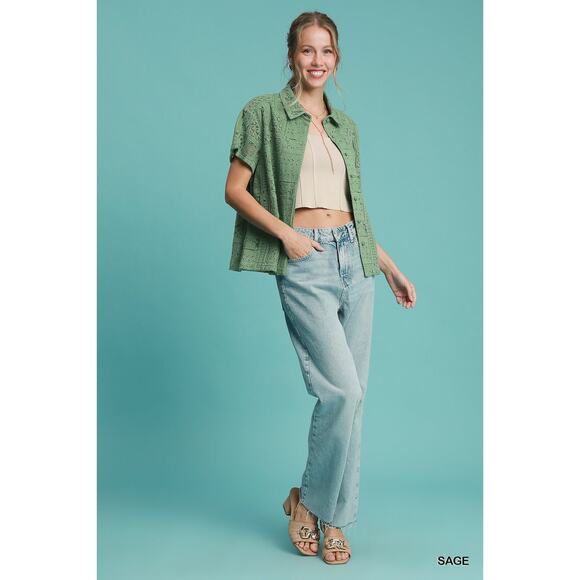 Umgee Lace Patches Detail Short Sleeves Button Down Relaxed Fit Shirt | Sage - Picture 5 of 7